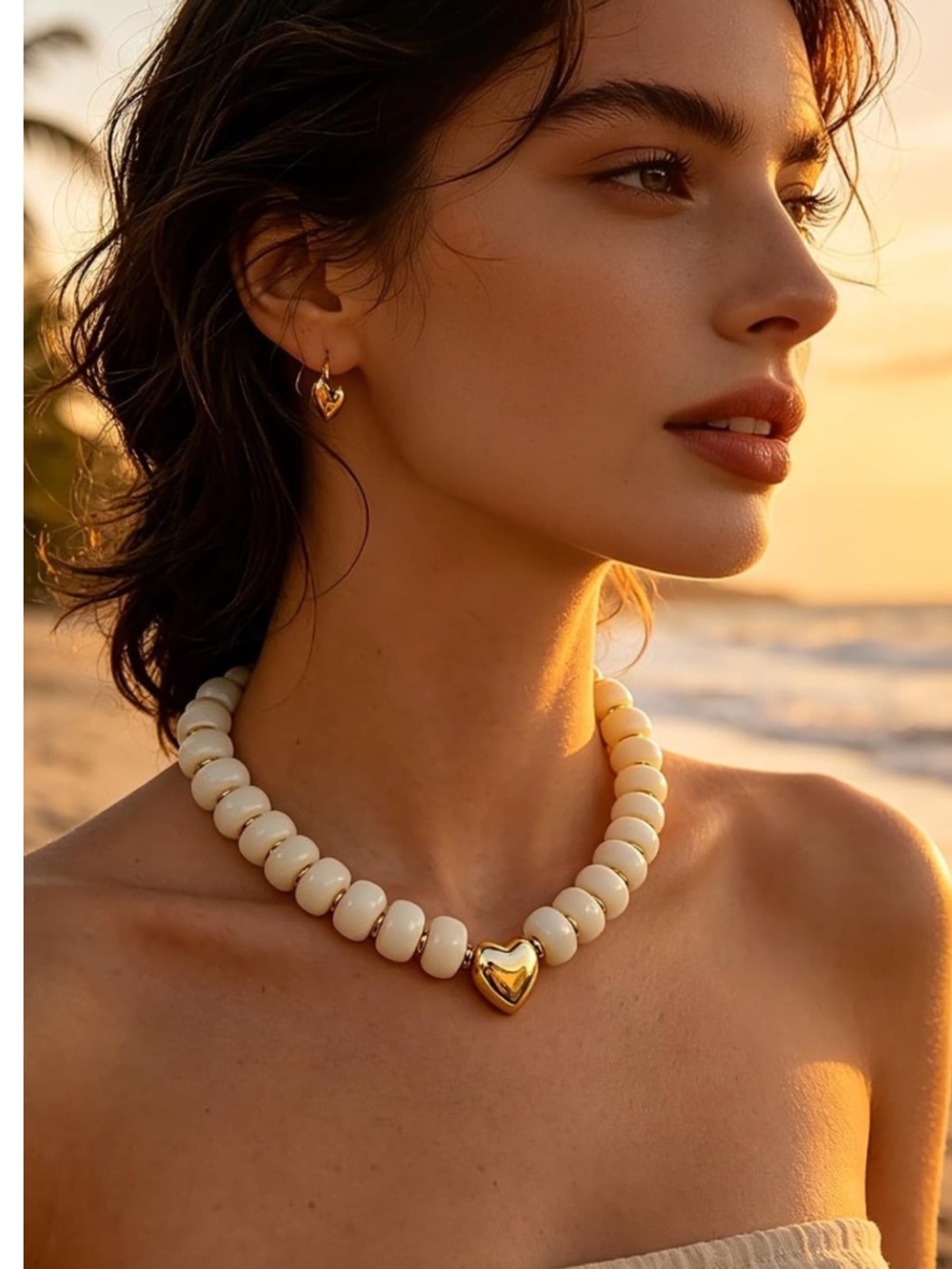 Amalfi Cream Beaded Necklace with Gold Heart Pendant